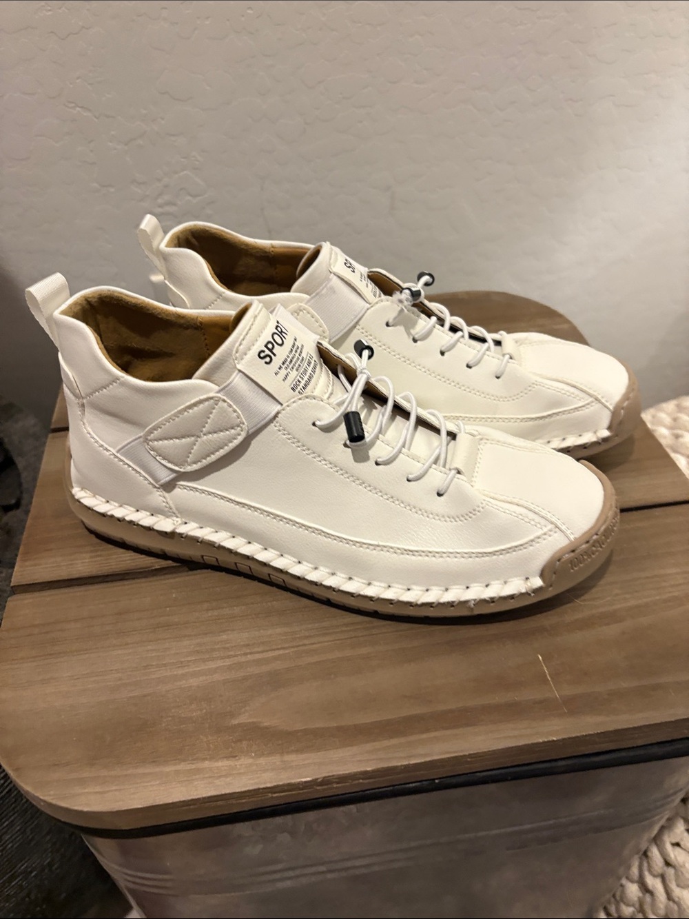 Sporto White Leather High-Top Sneakers with Tan Outsoles